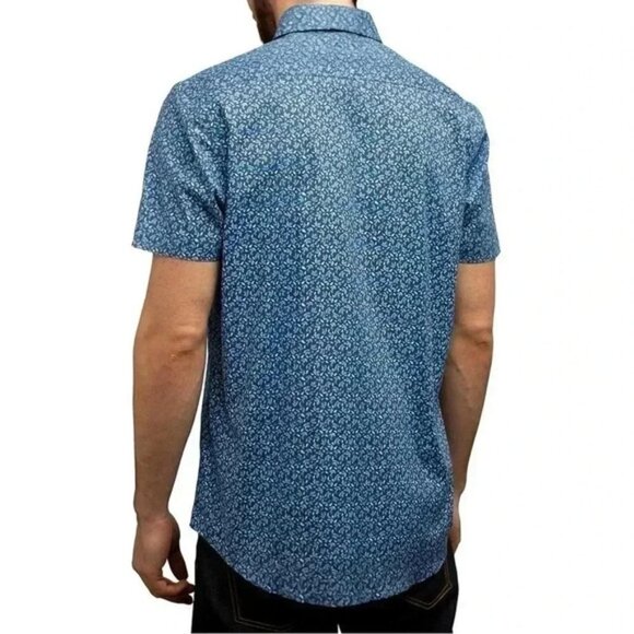English Laundry Button Up Shirt Short Sleeve Stretch Fitted Casual Blue Medium - Picture 3 of 16